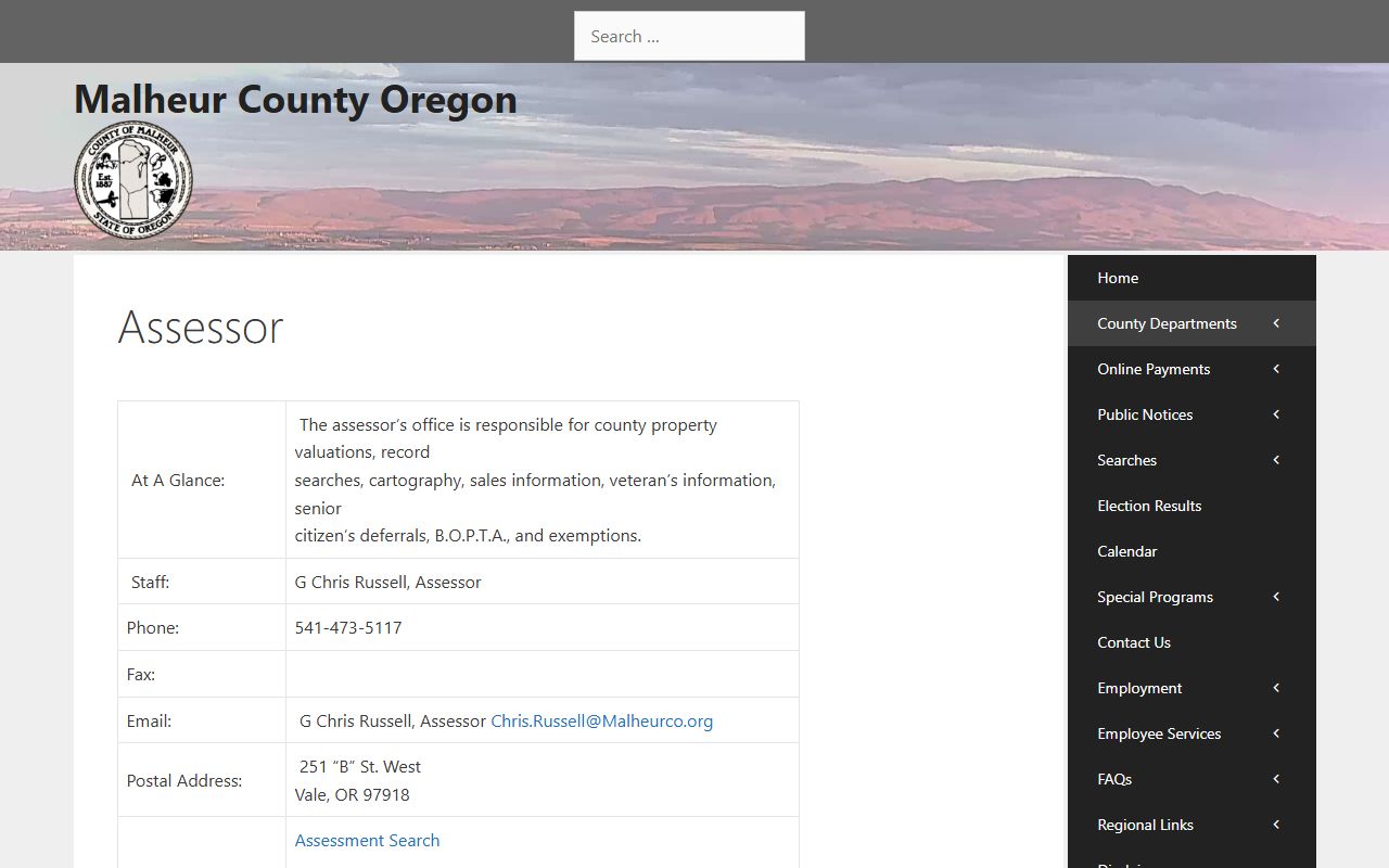 Malheur County Assessor website for property records in Vale Oregon