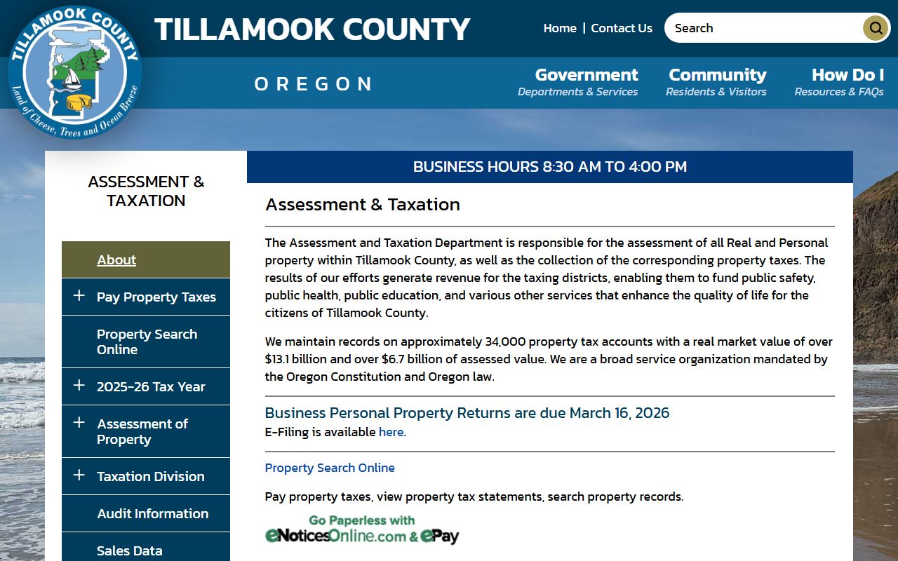 Tillamook County Assessment and Taxation website for property records