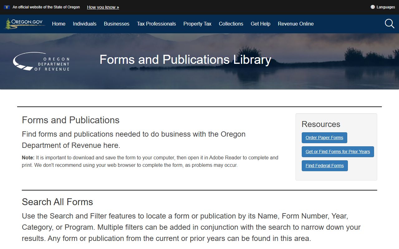 Oregon Department of Revenue property record forms page